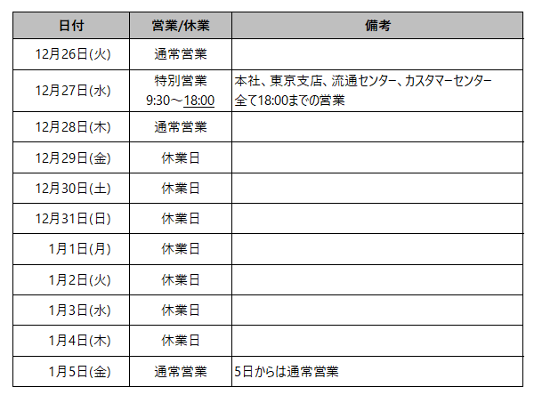 2017-2018年末年始休暇表